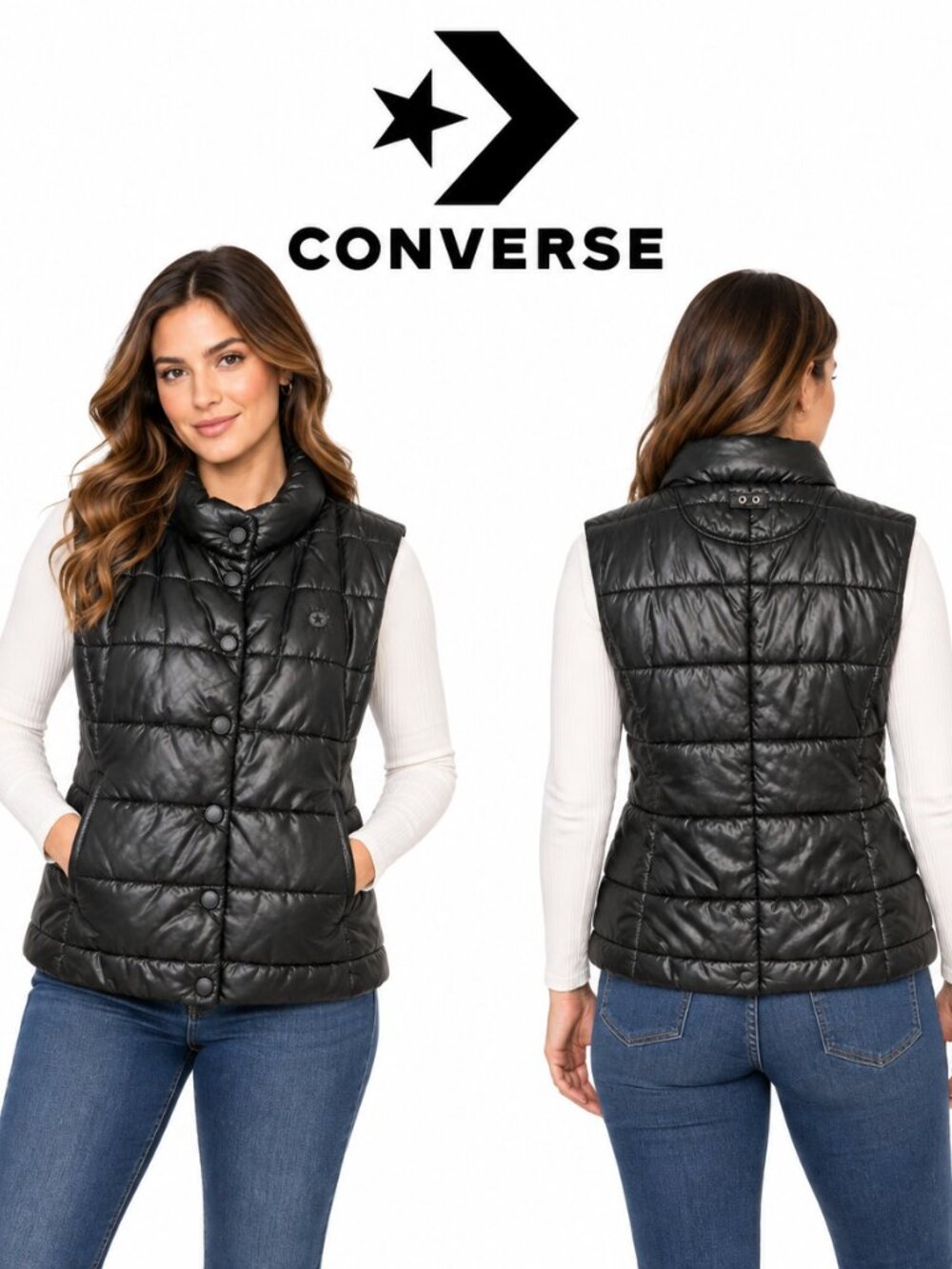 Converse One Star Womens Black Puffer Vest Quilted Snap Front Size Medium